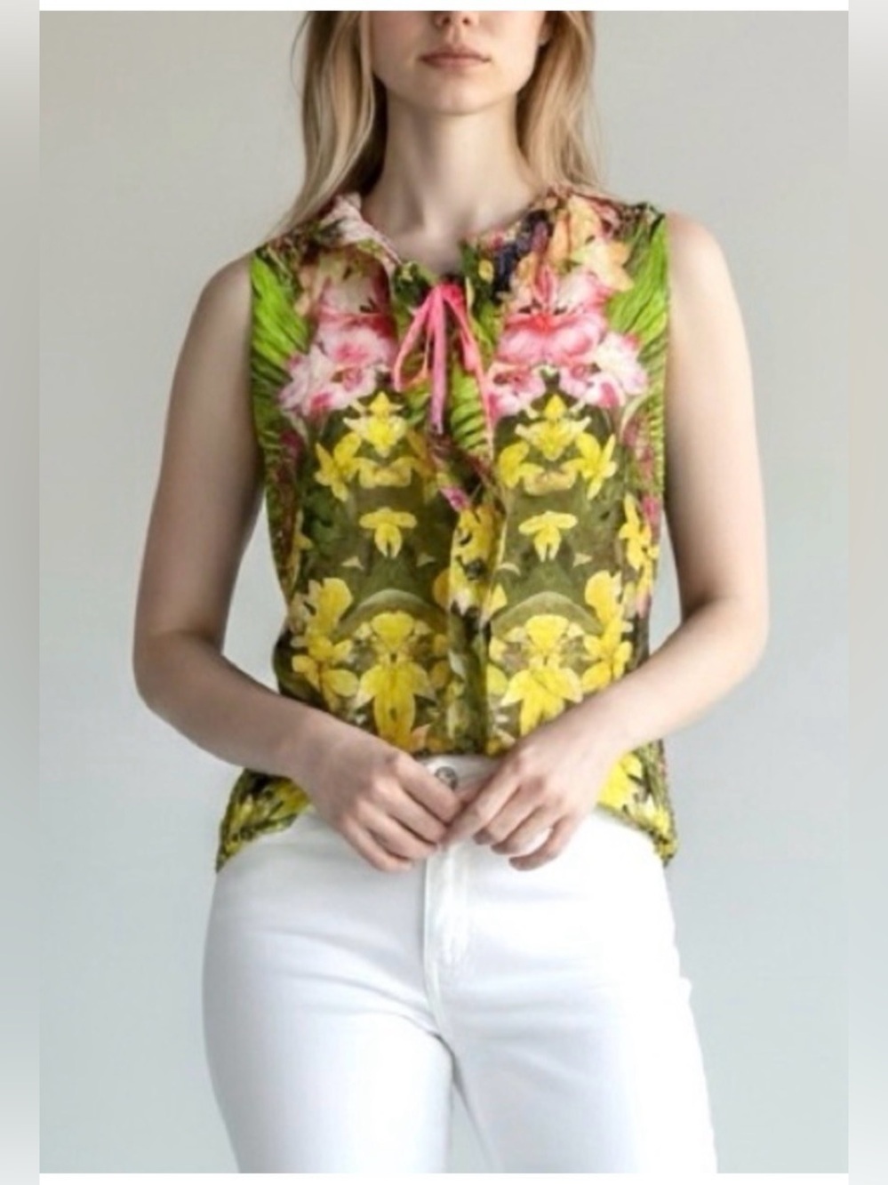 Elie Tahari Silk Cotton Floral Ruffle Tie Neck Blouse Small